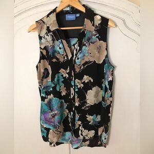 Simply Vera Wang Sleeveless Black Tan Purple & Blue Top Size L Sheer back yoke